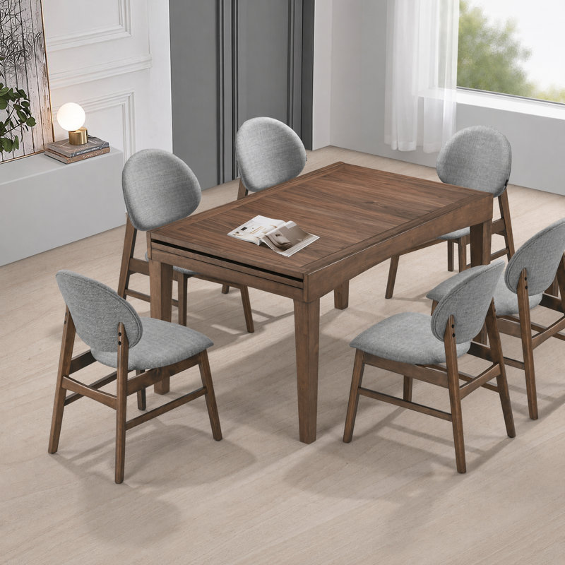 Extendable Dining Set with Upholstered Chairs, Brown / Gray, 7 Pieces: Table, 6 Chairs