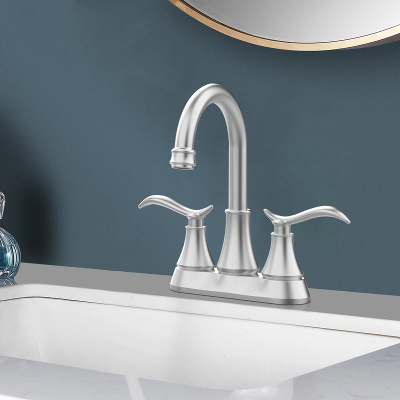 Bathroom Faucet Brushed Nickel With Pop-Up Drain & Supply Hoses 2-Handle 360 Degree High Arc Swivel Spout Centerset 4 Inch Vanity Sink Faucet