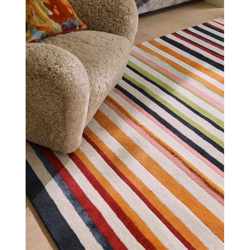 Calla Hand Tufted Wool/Rayon/Viscose Striped Area Rug in Pomegranate/Clementine/Black/White/Green, Rectangle 5'7" x 7'10"