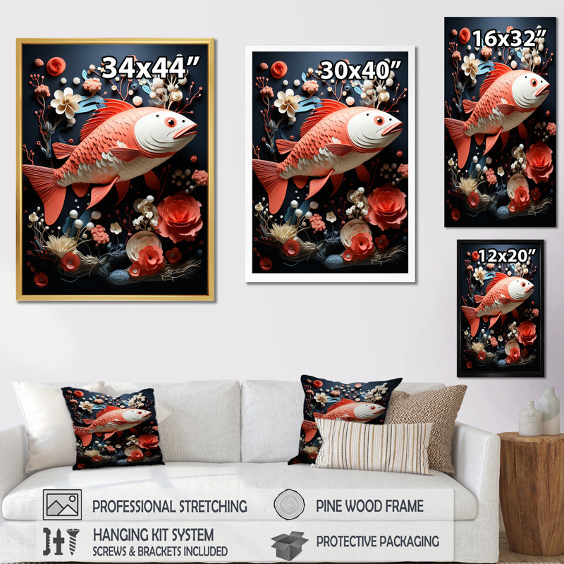 «Red Fish and Small Animal Underwater Coral», reproduction sur toile, H 20 po x l 12 po x P 1 po, Toile tendue