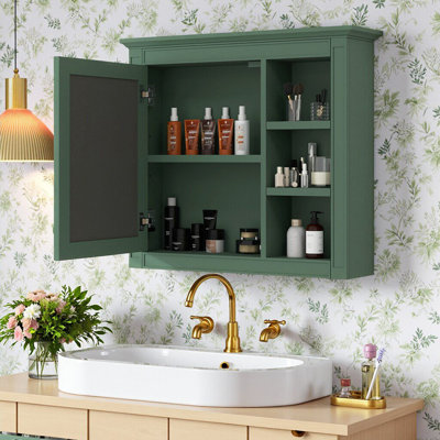 Armoire à pharmacie 30 po x 28 po - Rangement mural pour salle de bain, 1 porte miroir et 5 tablettes ouvertes, tablette intérieure réglable - Armoire murale moderne avec poignée rétro