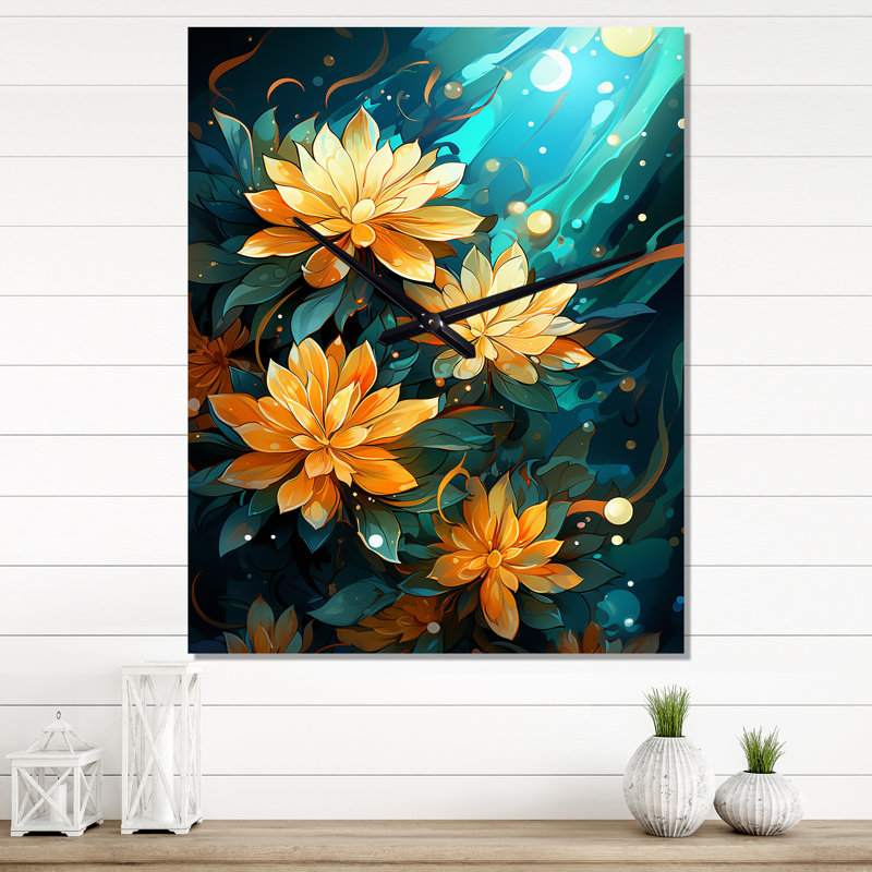 Horloge murale fleurie sur fond turquoise, Moyen