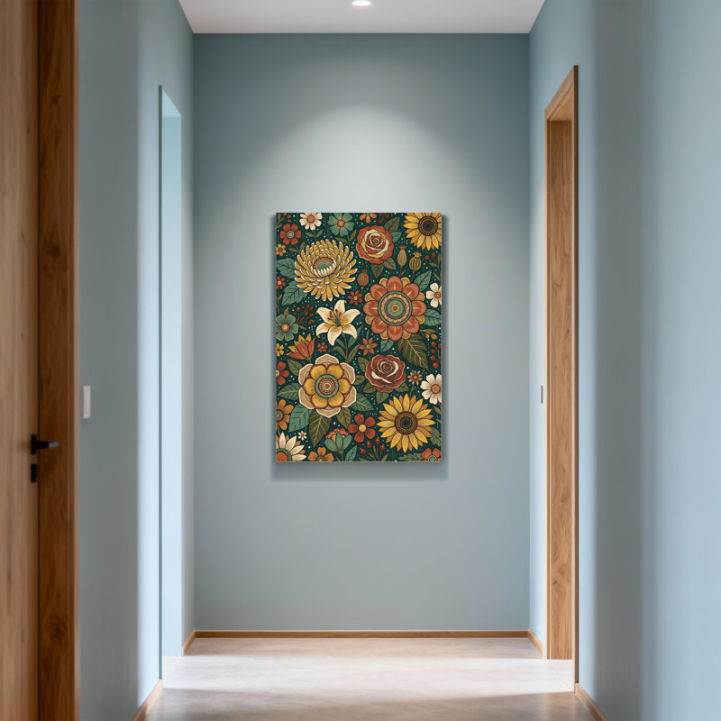 Motif floral de plantes et de fleurs aux couleurs vives et aux feuilles détaillées, H 30 po x l 20 po