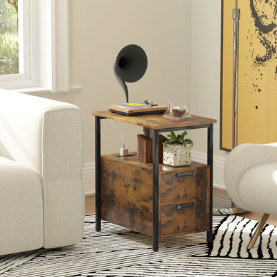 Allisha Side Table with Charging Station, 2 Drawers and Shelf, Rustic Brown
