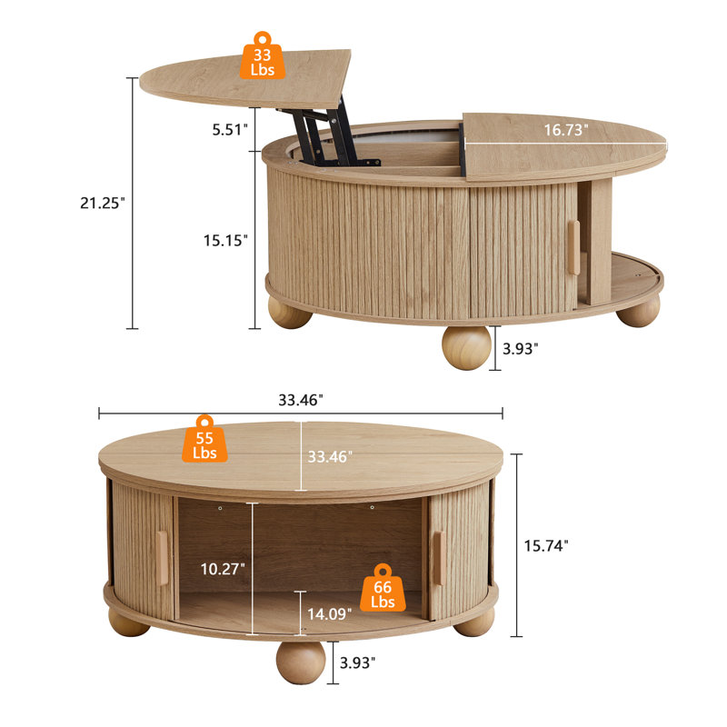 Round Coffee Table With Lifting Top,33.46” Lift Top Coffee Table With Storage, Natural