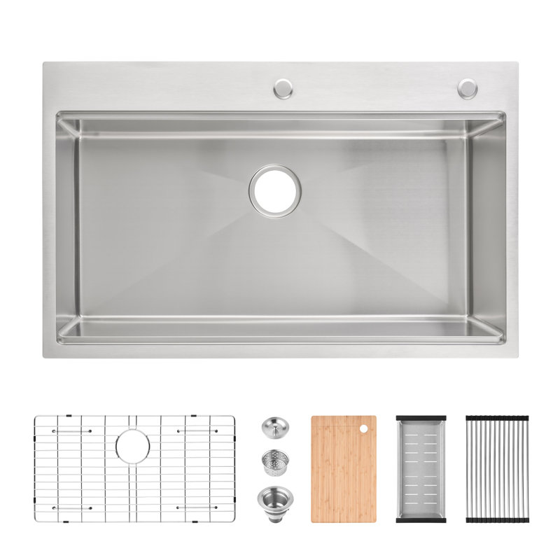 Évier en acier inoxydable de 36 po x 22 po à simple cuve, sur comptoir, surface à gratter, avec planche à découper et panier coulissant