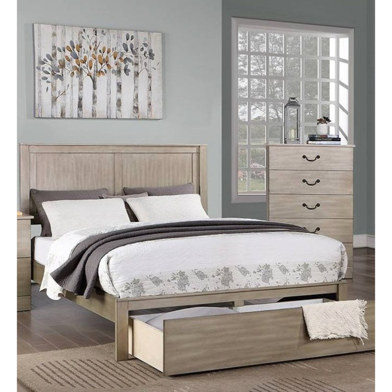Très grand lit rustique, conception à deux panneaux, tiroir rectangulaire, lit à finition argent antique avec tête de lit, bois en forme