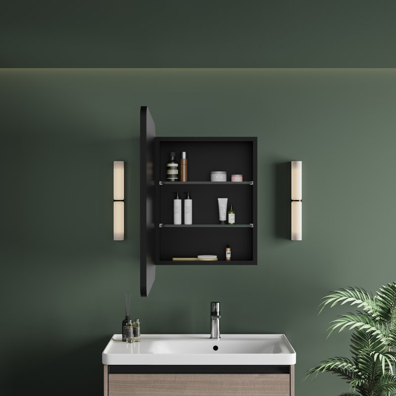 Gernold 20'' W x 28'' H LED Medicine Cabinet with Mirror, Dimmable Light, Anti-Fog, Memory Function, Extra-Large Storage Space,  Adjustable Glass Shelves, ETL Listed, Left Hinge, Black