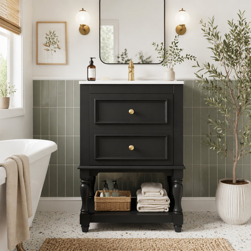 Meuble-lavabo de 20 po avec lavabo en céramique, armoire de rangement avec tablette ouverte, armoire de salle de bain rétro avec 2 tiroirs