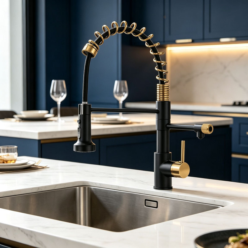 Robinet d'évier de cuisine à un trou à poignée simple Topcraft avec bec d'eau purifiée, Or / noir mat