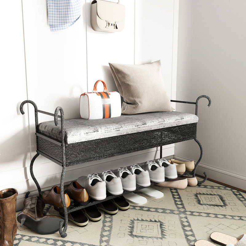 Rustic, Industrial, Step Stool Bench For Entryway, Black Upholstery, Metal Frame, Shelf Storage, Comfortable Seating, Small Spaces Upholstered Rectangular Bench, Silver Accents, Fabric And