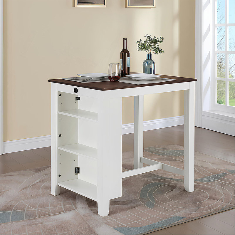 Table de salle à manger à hauteur de comptoir 36 po avec ports USB et tablettes, Brun et blanc, Mdf