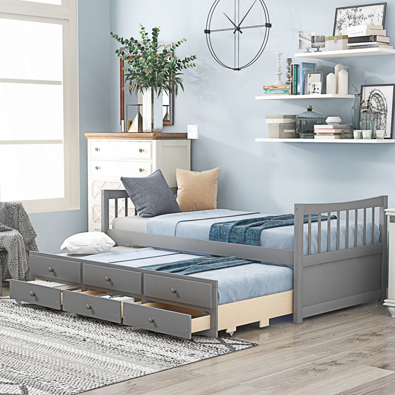 Modern Style Daybed With Trundle And Drawers, Grey