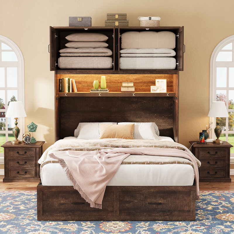 Lit escamotable avec armoires de rangement, Grand lit, Brun