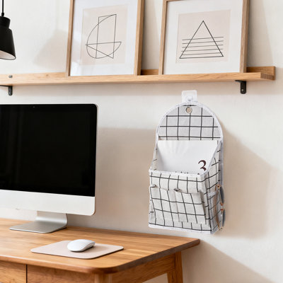 4 Pack White Plaid Wall Hanging Storage Bags Cotton Linen Over Door Closet Pocket Organizers Hanging Toy Organizer Bedroom Bathroom