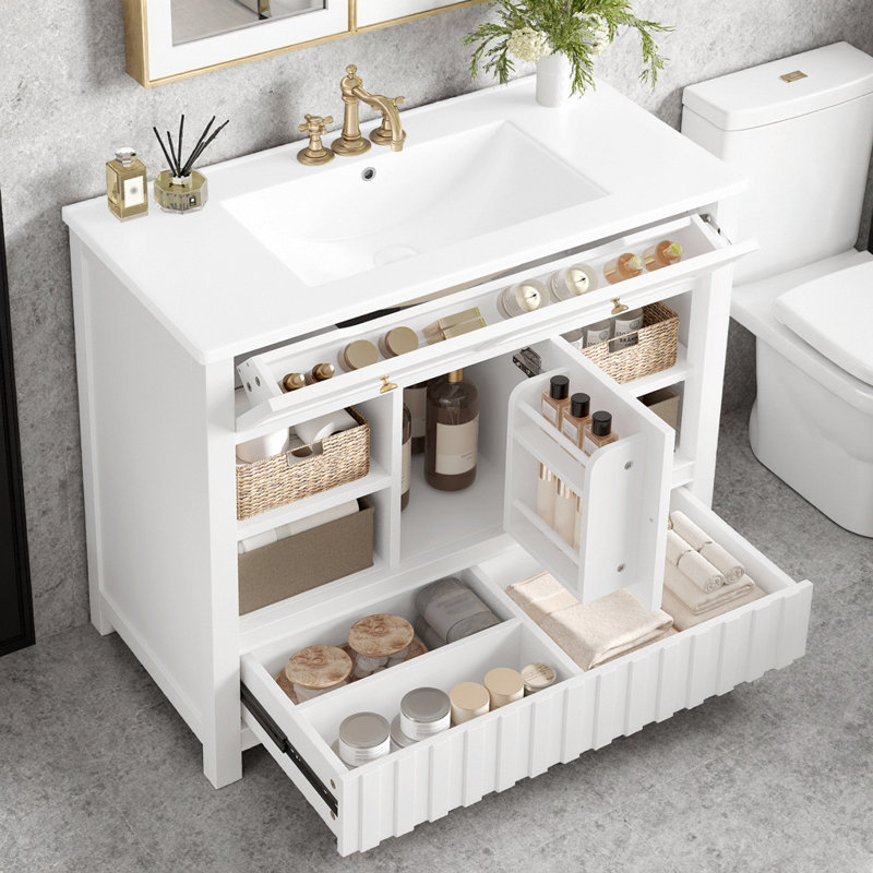 Meuble-lavabo 36 po - coin rabattable, 7 tablettes ouvertes et tiroir à ouverture par pression. Structure en bois massif, plateforme de robinet 4 po, étoile de rangement compacte