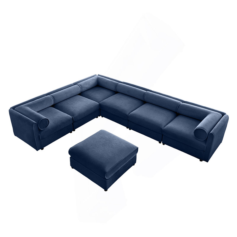Grand canapé modulaire modulaire avec rangement Canapé modulaire en chenille pour le salon, dossier cylindrique et accoudoirs 6 places, bleu