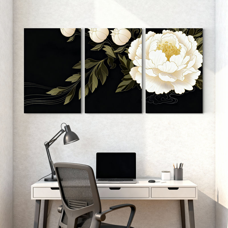 Pivoine, pivoines blanches sur fond noir, ensemble de 3 impressions sur toile, H 24 po x l 48 po