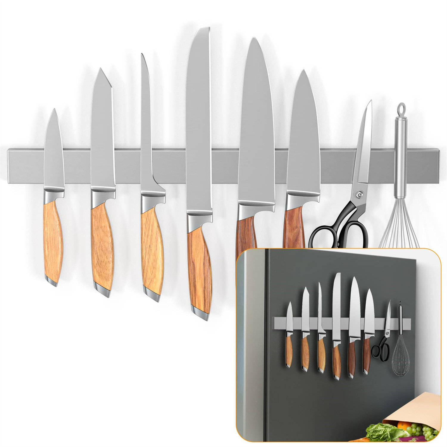 Crochet Adhesif Mural Pailexin Porte-couteaux Magnétique Mural 43cm - Bande En Inox Avec 10 Crochets, Sans Perçage ! Crochet Porte