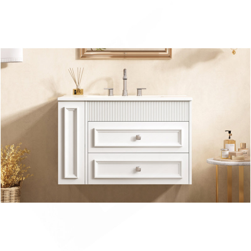 Meuble-lavabo mural de 30 po, armoire de rangement flottante avec 2 tiroirs, lavabo simple en céramique à 3 trous, armoire moderne.