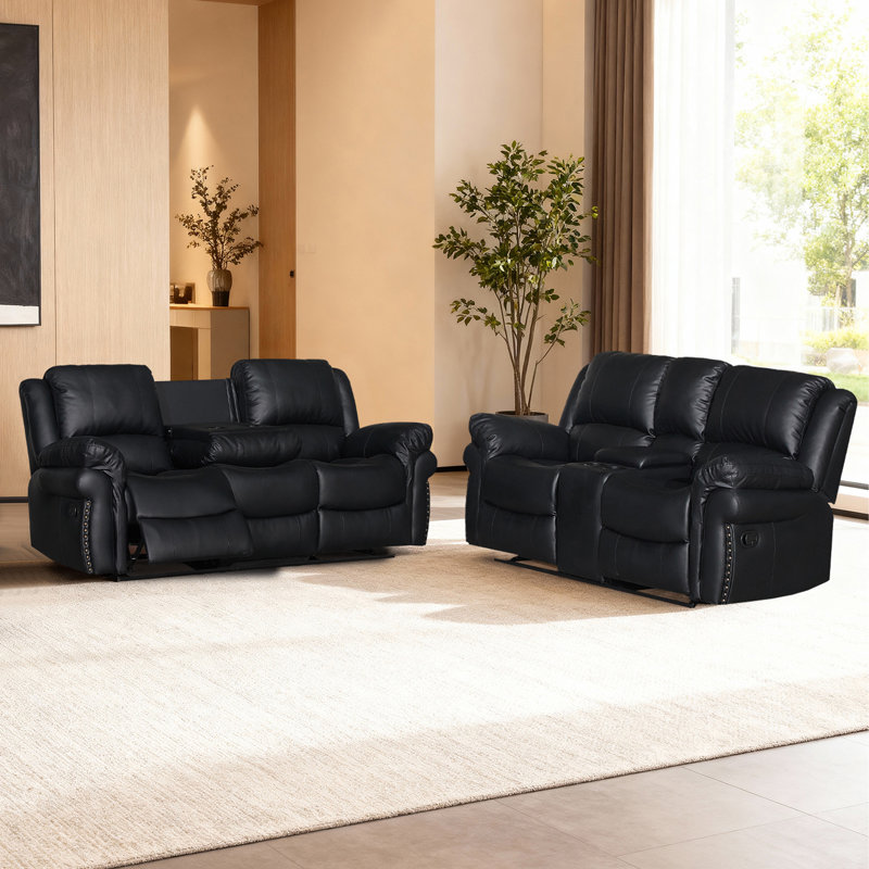 Ensemble de canapé inclinable manuel en similicuir: 3 places avec deux fauteuils inclinables et 2 places avec console centrale, réglable de 90 ° à 160 °, noir