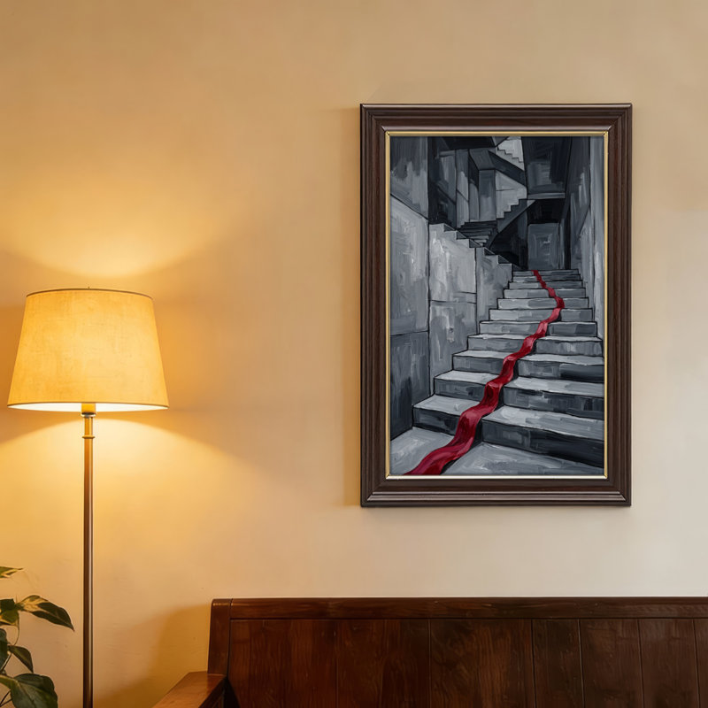 Natural Oak-Look Framed,Canvas Wall Art for Living Room, Bedroom, Office or Entryway – Decorative Wall Decor with Dark Staircase
