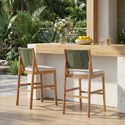 Outdoor Acacia Wood Bar Stools Set of 2 26x20.25x44.25 inch Wood Cream Green Wicker with Water-Repellent Cushion for Patio Poolside Kitchen Island