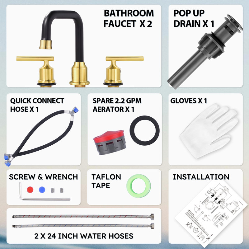 8 Inch Widespread Bathroom Sink Faucet 3 Hole with Pop-up Drain and Supply Lines (2 Pack), Black/Gold
