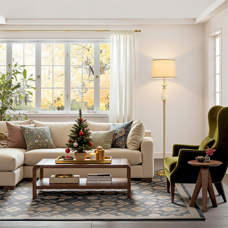67.4" Gold Floor Lamp with Ceramic Accents, Linen Drum Shade and Foot Switch