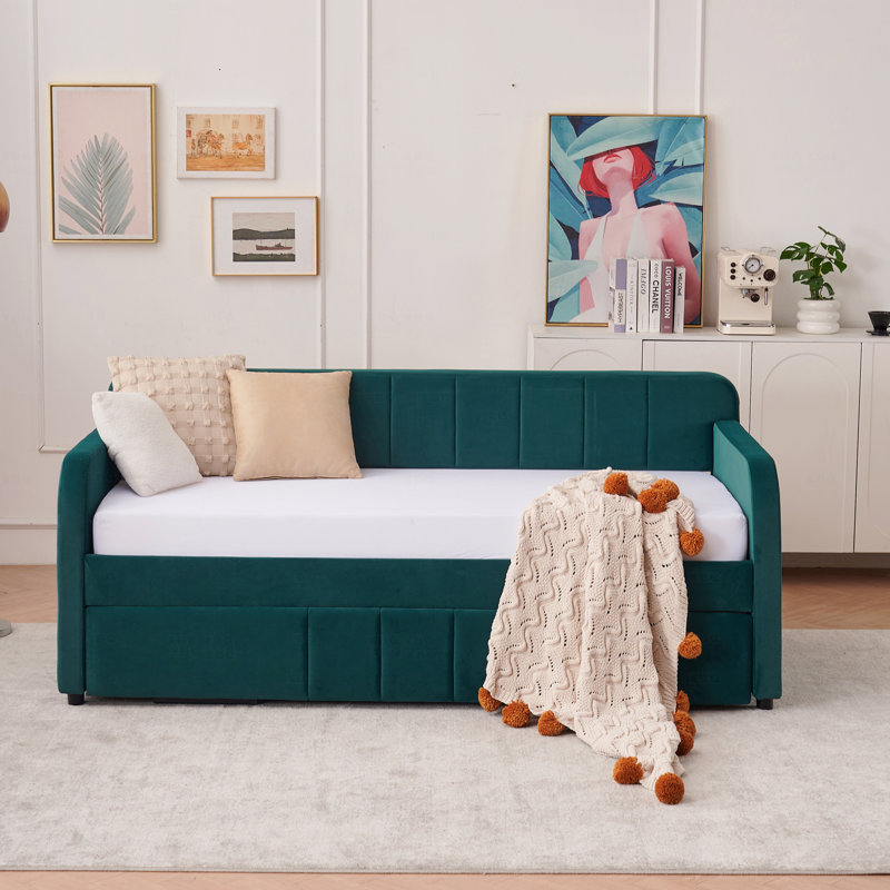 Upholstered Daybed, Twin Daybed Frame With Trundle, Twin Size Sofa Bed For Bedroom Living Room Guest Room, Wood Slat Support