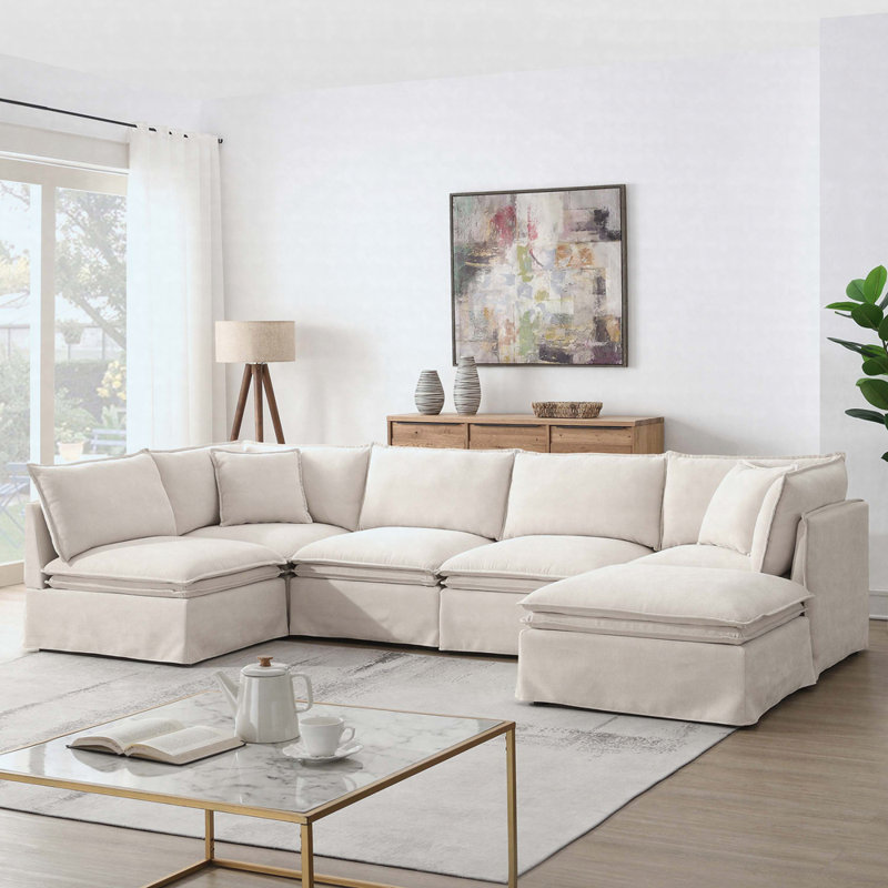Canapé modulaire en chenille surdimensionné 125,5 po à 6 sièges avec repose-pieds mobile 125,5 po, Blanc cassé