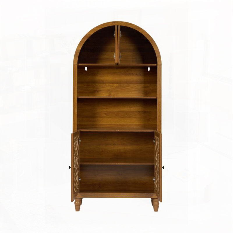 Bibliothèque 66 po de hauteur avec bibliothèque ouverte et armoire arquée en bois sculpté