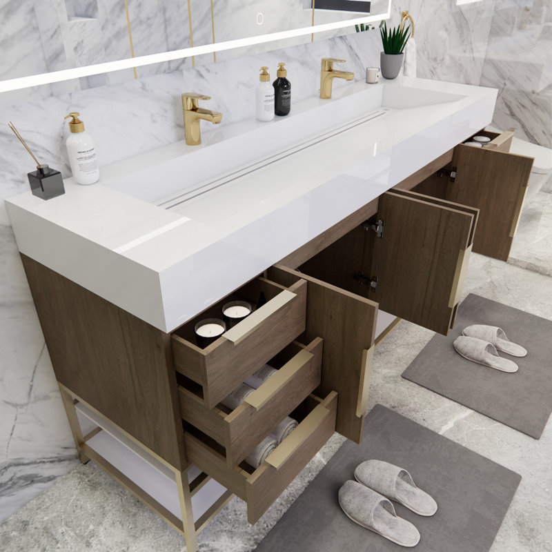 Ensemble de meuble-lavabo double 71 po Ridley, Blanc lustré, Chêne clair
