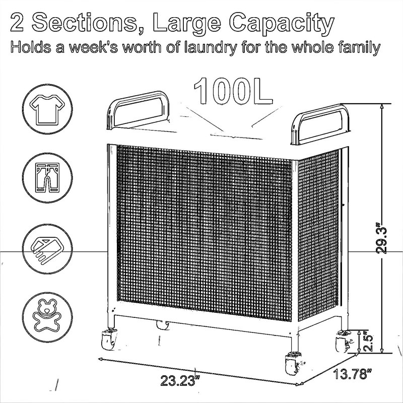 Rolling Laundry Hamper With Removable Liner, 2-Section Sorter With Wheels And Locking Casters, Large Capacity Laundry Basket For Home Organization