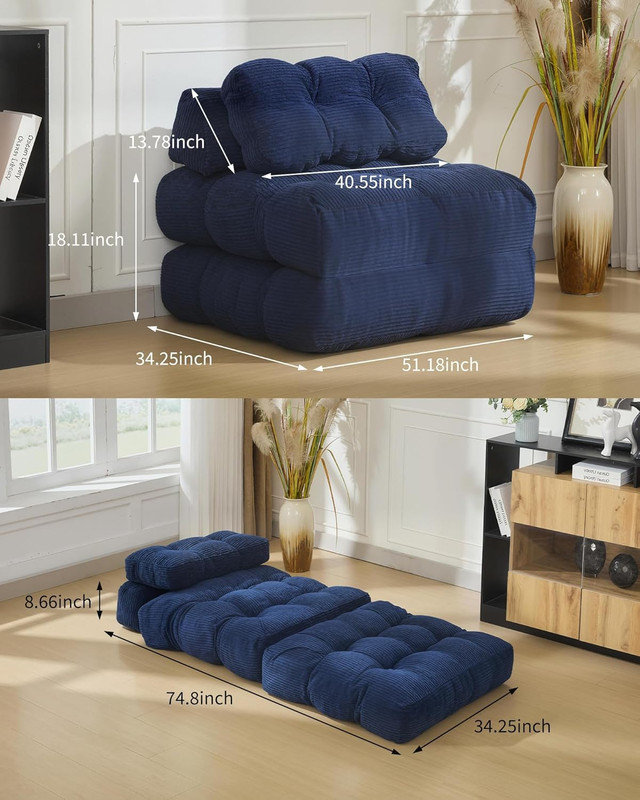 2 pièces canapé-lit pliant avec coussin, fauteuil convertible et matelas, chaise longue lavable à la machine