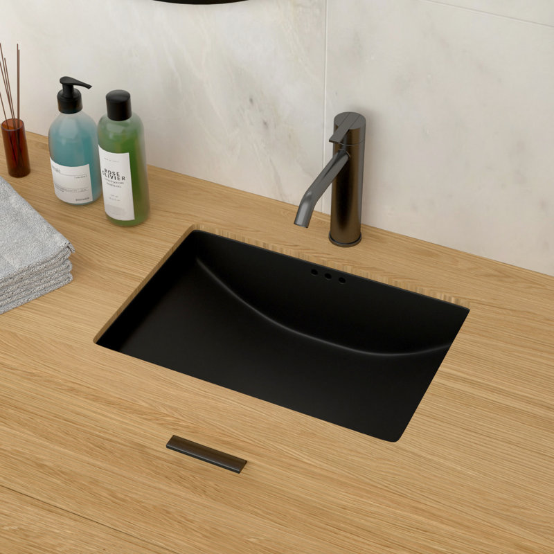 Lavabo de salle de bain en céramique noire 21 po x 15,18 po, fabrication délicate, surface d'usure, système de trop-plein intégré