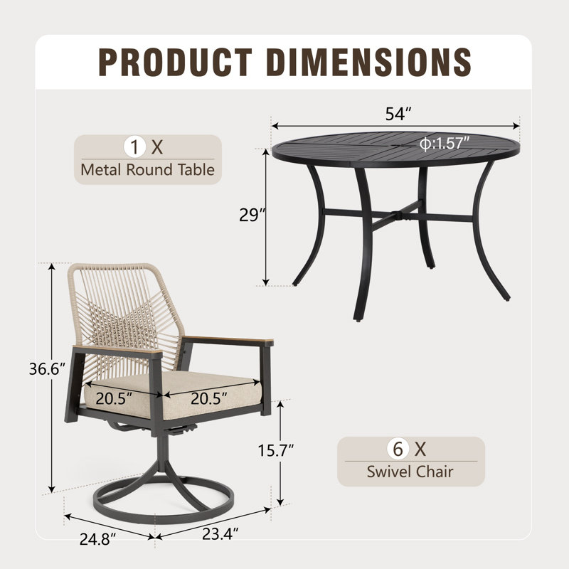 Ensemble repas d'extérieur avec chaises pivotantes et coussins Kerrie, 6