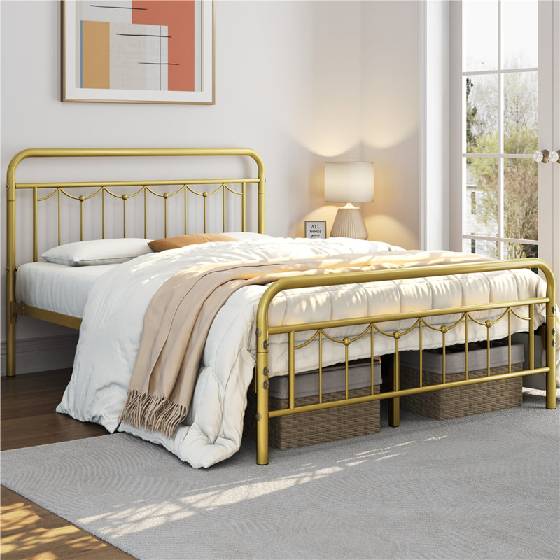 Dravin Metal Platform Bed Frame with Vintage Headboard and Footboard, Antique Gold, Queen