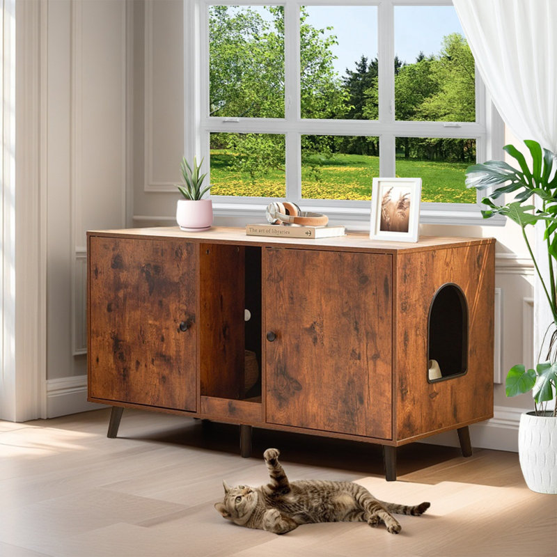 Corvese 42.5" W Manufactured Wood Double Cat Litter Box Enclosure with Scratching Pad, Rustic Brown