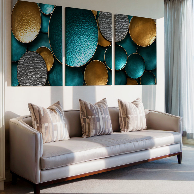 Ensemble exclusif de 3 toiles panoramiques abstraites grand format, aux tons turquoise et or, avec des ovales argentés texturés. Décoration murale idéale pour le salon, la chambre à coucher et le bureau.