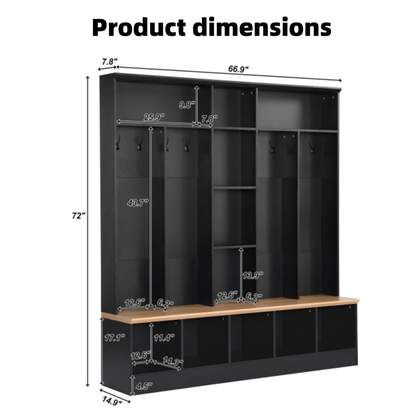 Portemanteau large avec banc de rangement, espace de rangement cubique et tablette, portemanteau multifonctionnel, convient à l'entrée, vestibule, noir