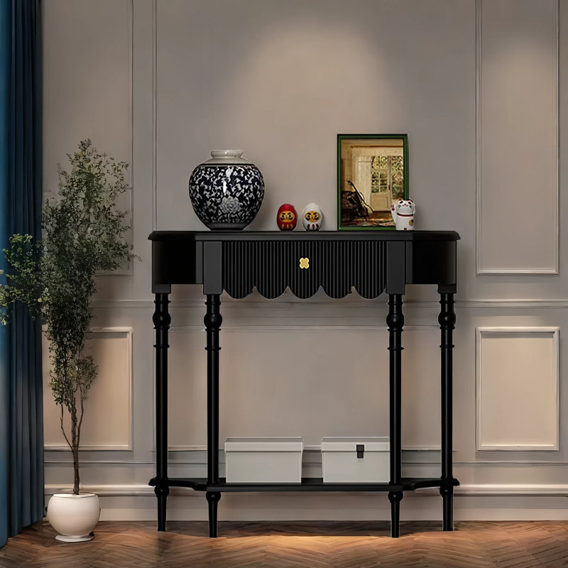 Solid Wood Semi-Circle Entryway Console Cabinet, 33.5" H x 39.4" W x 11.8" D, Black