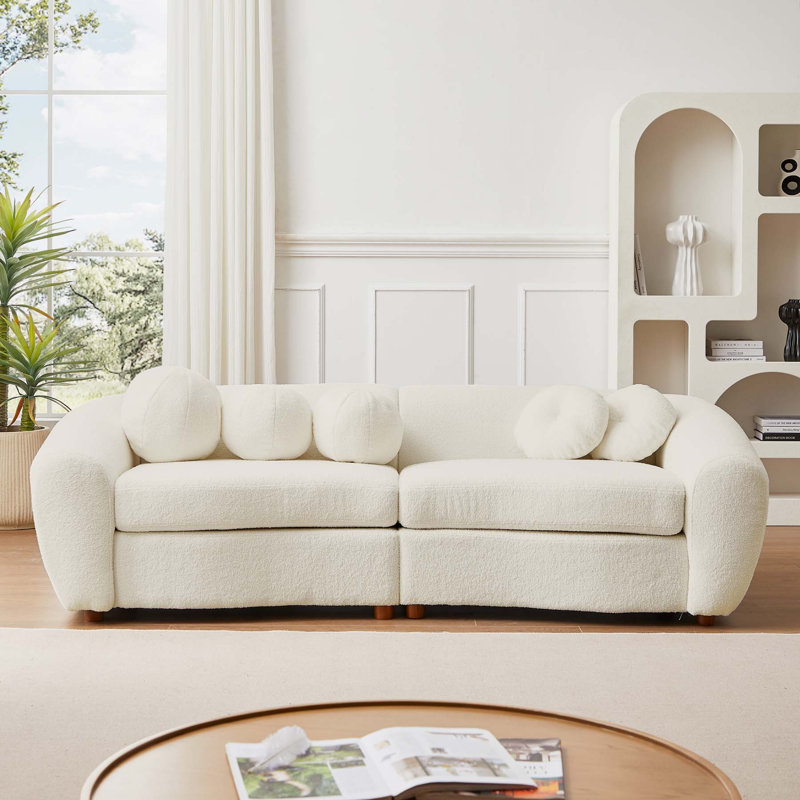 Ivy Bronx 112" Modern Curved Sofa, Back Upholstered Couch with 3 Decorative Throw Pillows, Beige Teddy 2