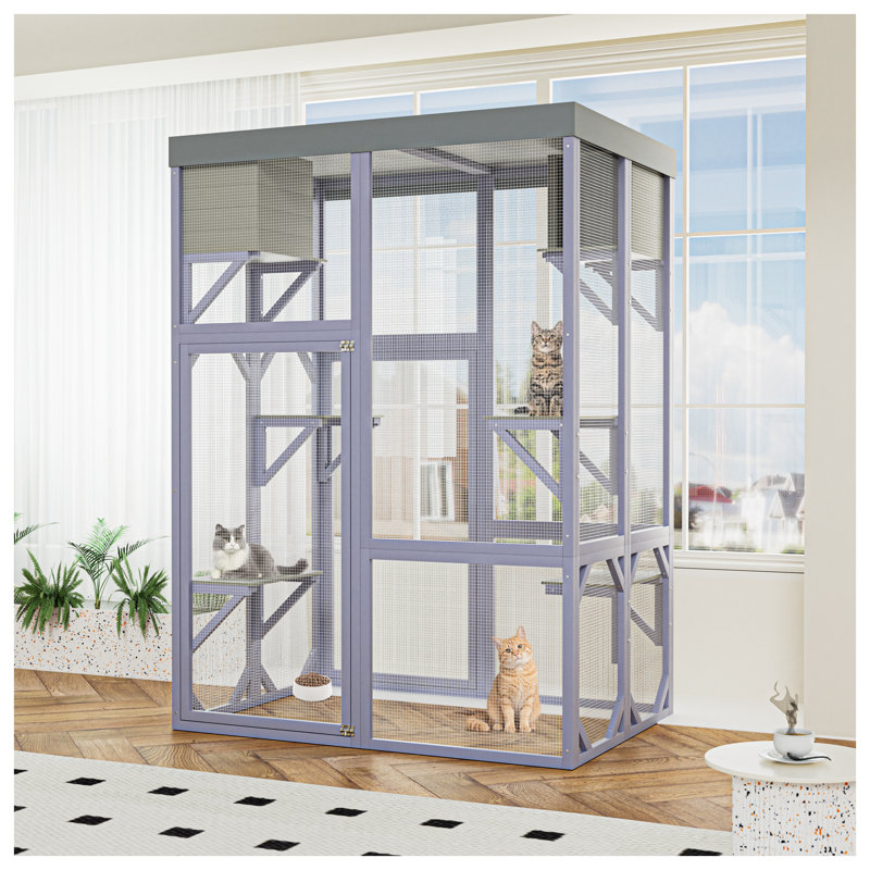 Grand grand lit d'extérieur en bois avec housse imperméable, 2 maisons pour faire la sieste et plateformes étagées - Enclos pour chat intérieur / extérieur en fil galvanisé