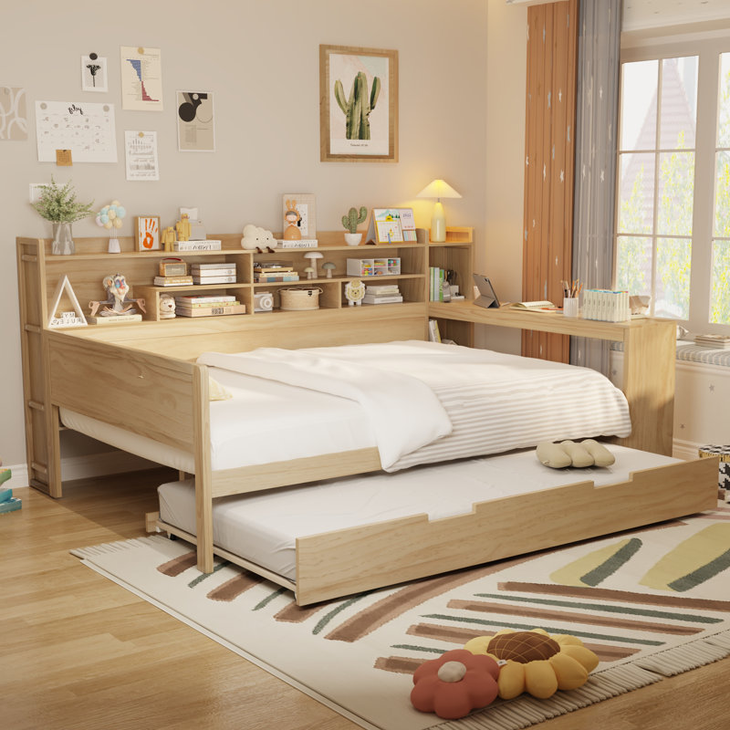 Lit de jour en bois avec tablettes de rangement, lit multifonctionnel avec lit gigogne et bureau, Naturel, Lit double