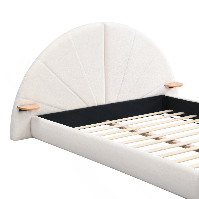 Queen Upholstered Arched Bouclé Bed with Side Table, Beige