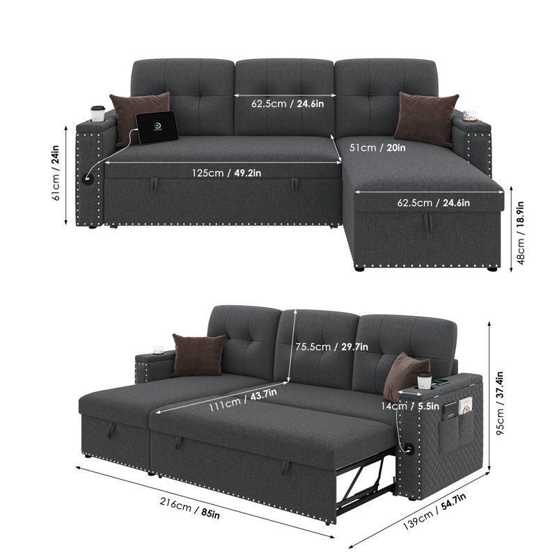 L-Shaped Sectional Sofa, Pull Out Sleeper Couch With LED & Charging Station & Reversible Chaise, Gray Linen