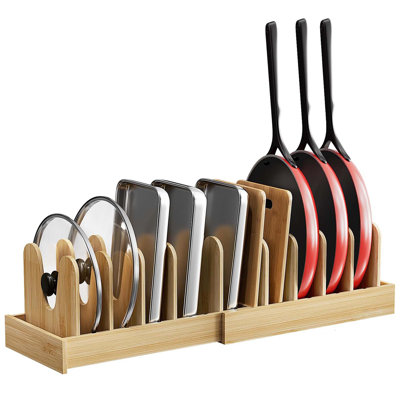 Organisateur de casseroles et de casseroles extensible en bambou de 15 à 29 po avec 10 compartiments réglables