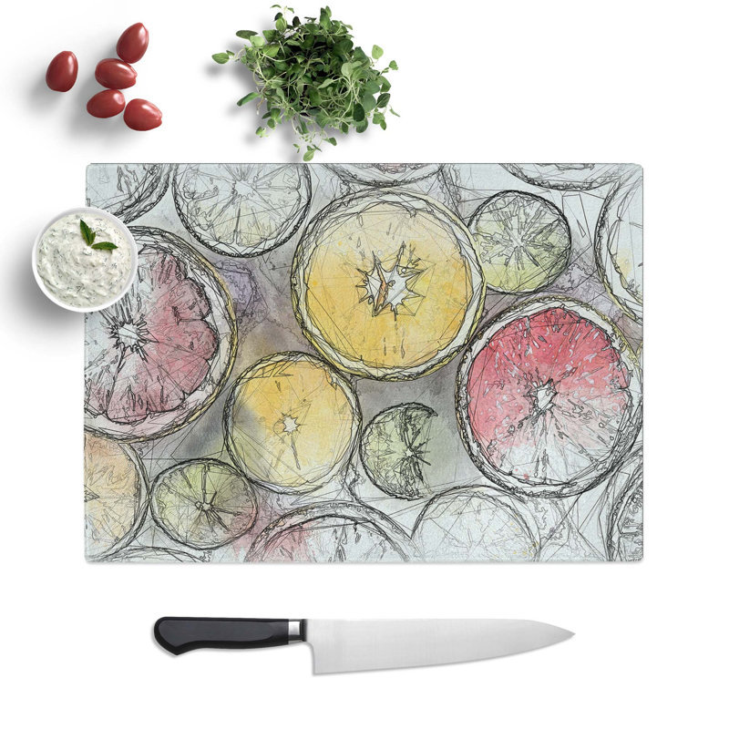 Tempered Glass Sliced Citrus Fruits Chopping Board, 39 cm W x 28.5 cm L
