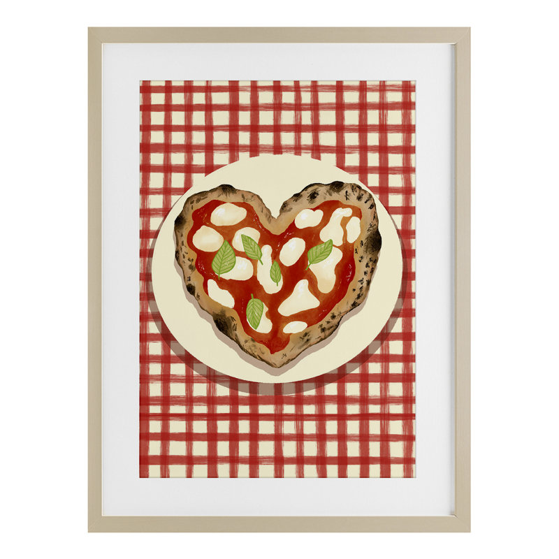 «Heart Pizza on Red Check», reproduction sous verre encadrée, design par Florentina Dolci, H 23 po x l 17 po